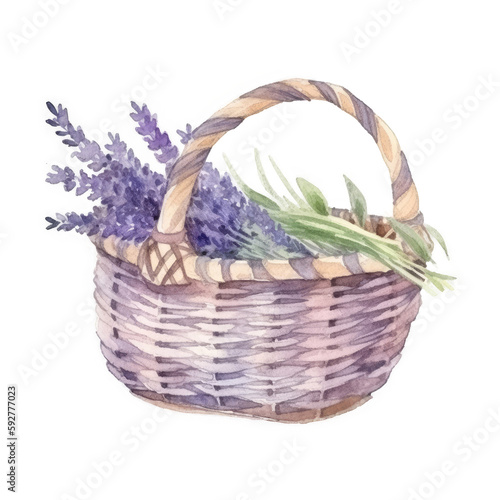 Watercolor lavender flowers in basket. Illustration AI Generative