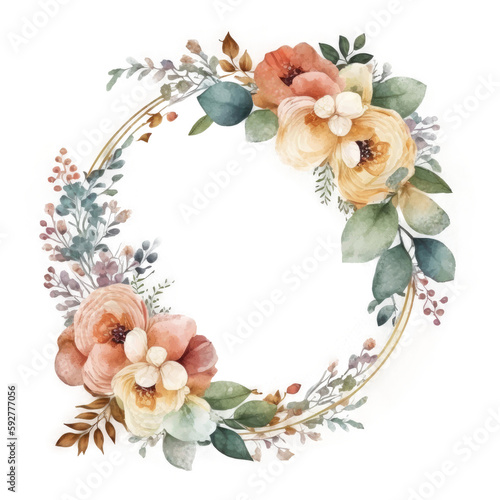 Watercolor floral wreath. Illustration AI Generative.