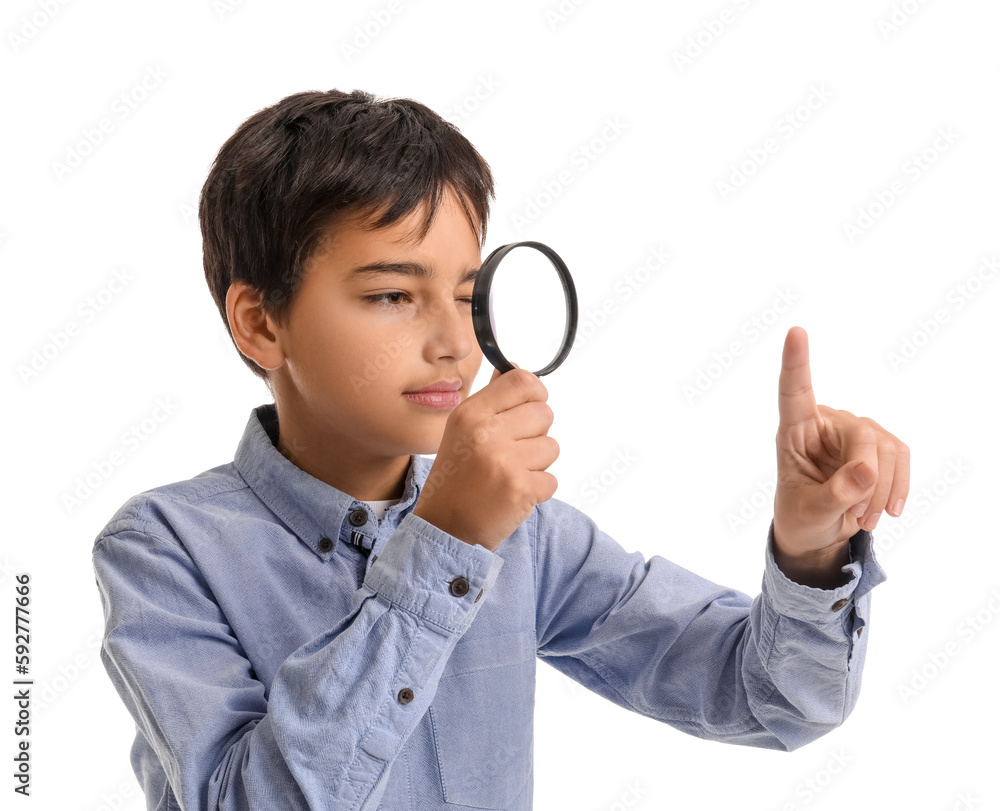 Little boy with magnifier using virtual screen on white background Little boy with magnifier using virtual screen on white background