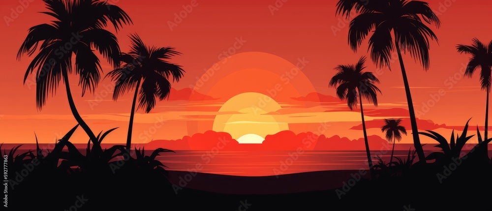Beautiful beach sunset with the silhouettes of palm trees. Generative AI