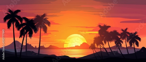 Beautiful beach sunset with the silhouettes of palm trees. Generative AI © ColdFire