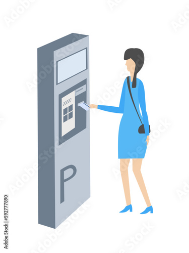 Contactless parking payment. Woman inserting ticket or credit card into parking machine to pay. Vector illustration. Isolated on white background