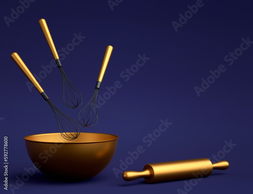 Metal bowl with kitchen utensil for preparation of dough on blue background.