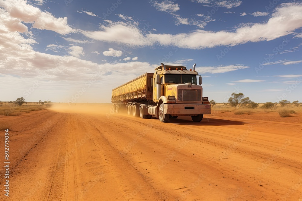 Exploring the Australian Outback by Road Train: A Photo Journey of Transportation and Freight: Generative AI