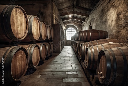 A Taste of Chianti  Oak Barrels Store and Age Italy s Finest Winery Wines and Whiskies in a Dark Storage Cellar  Generative AI