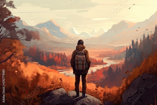 Exploring Nature's Beauty: Rear View of Hiker Enjoying the Autumn Mountains, Generative AI