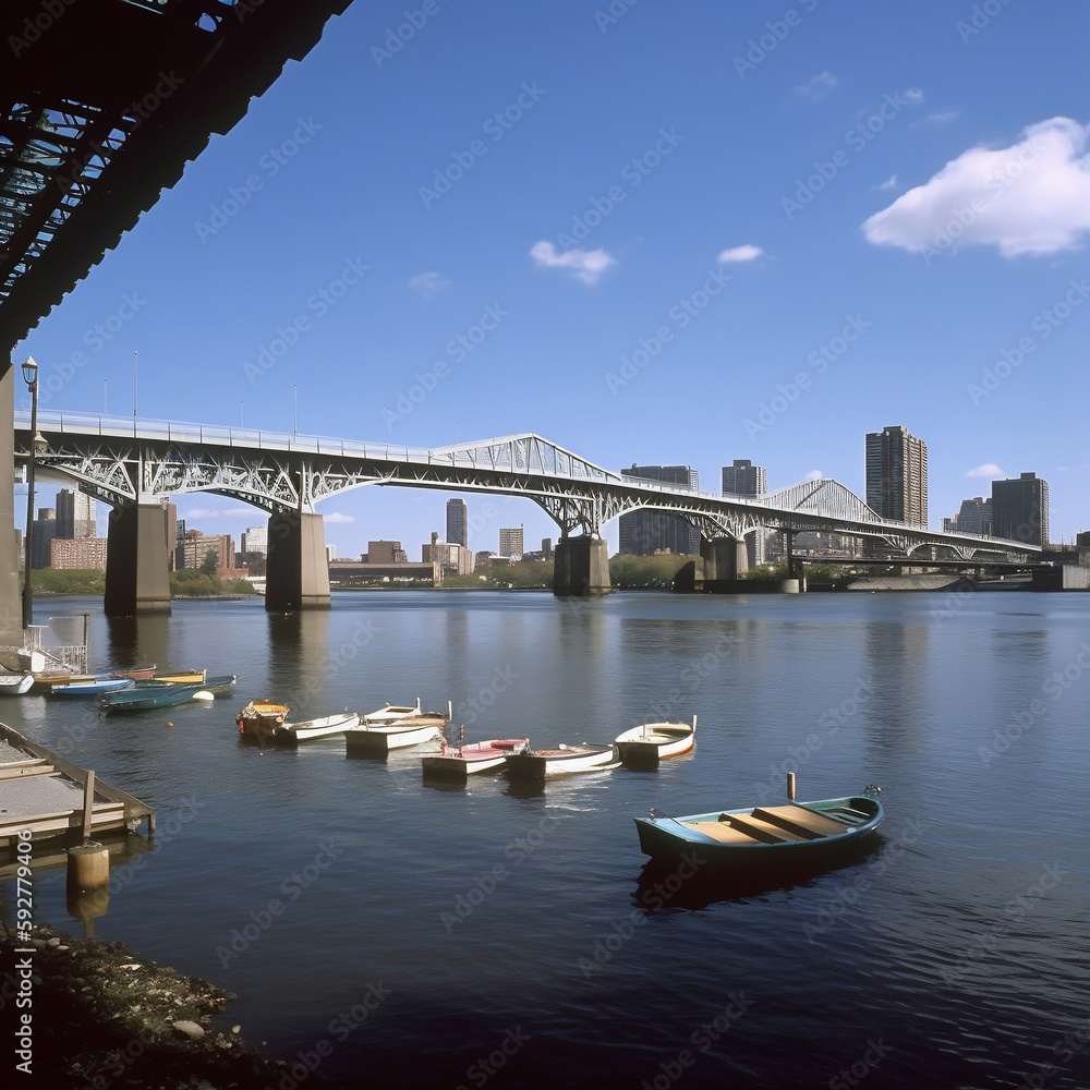 Fototapeta premium bridge spanning a river with boats passing underneath and the city skyline, made with AI