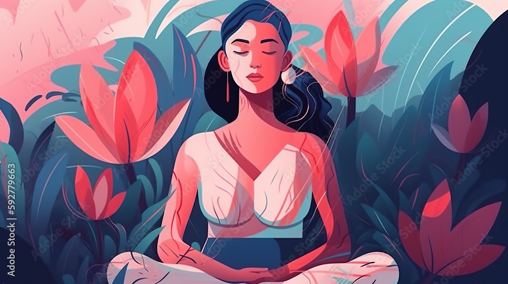 Illustrated Beautiful Women Meditating in Nature made by Generative AI