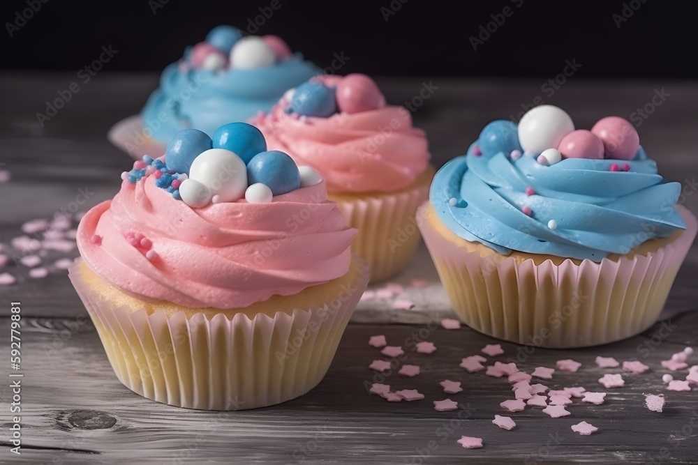 Blue and pink cupcakes on the table, close up view. Gender reveal party. Generative AI. Blue and pink cupcakes on the table, close up view. Gender reveal party. Generative AI.