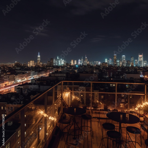 Nighttime view of a city skyline from a rooftop bar, made with AI