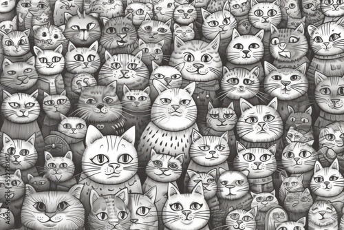 coloring sheet with many decorative cats that have been hand-drawn. Generative AI