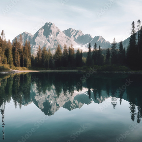 mirror like surface of a lake reflecting the surrounding mountains and trees, made with AI photo