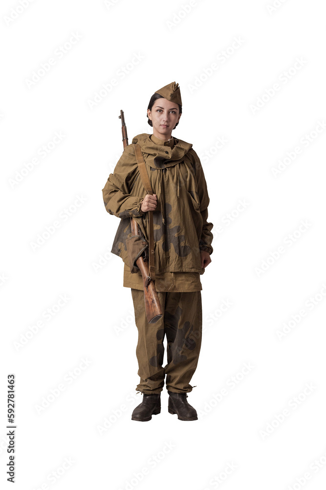 Obraz premium A woman in a retro military uniform, a soldier of the Soviet army during World War Two