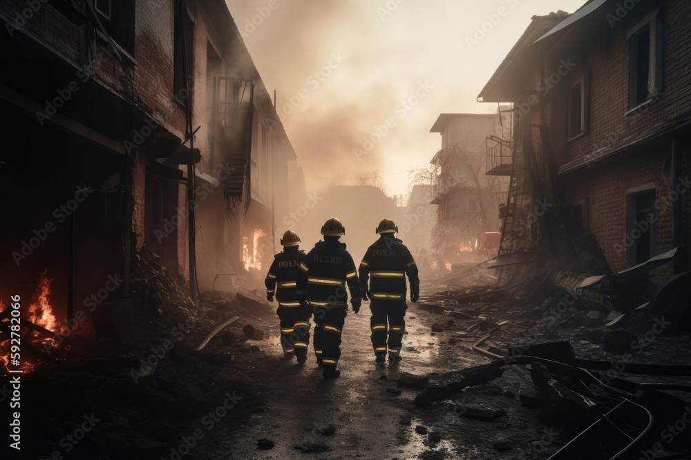 A fireman from the rescue team trying to help people after an earthquake or tornado in a devastated city in ruins. Generative ai