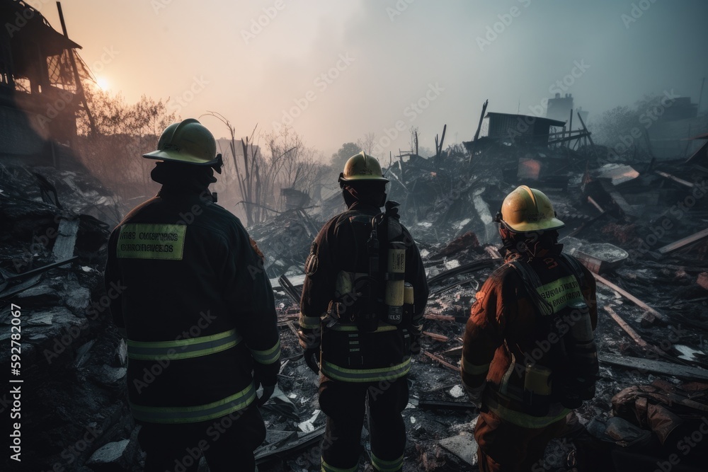 A fireman from the rescue team trying to help people after an earthquake or tornado in a devastated city in ruins. Generative ai A fireman from the rescue team trying to help people after an earthquake or tornado in a devastated city in ruins. Generative ai