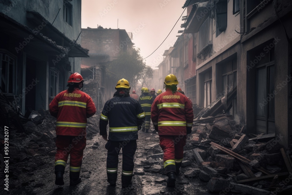 Fototapeta premium A fireman from the rescue team trying to help people after an earthquake or tornado in a devastated city in ruins. Generative ai