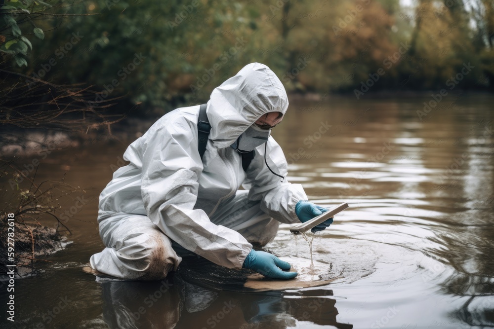 Dedicated scientist collects water samples from a river in a protective suit, to ensure the safety of our precious waterways Generative AI