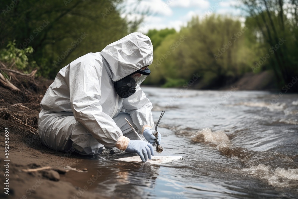 Dedicated scientist collects water samples from a river in a protective suit, to ensure the safety of our precious waterways Generative AI Dedicated scientist collects water samples from a river in a protective suit, to ensure the safety of our precious waterways Generative AI