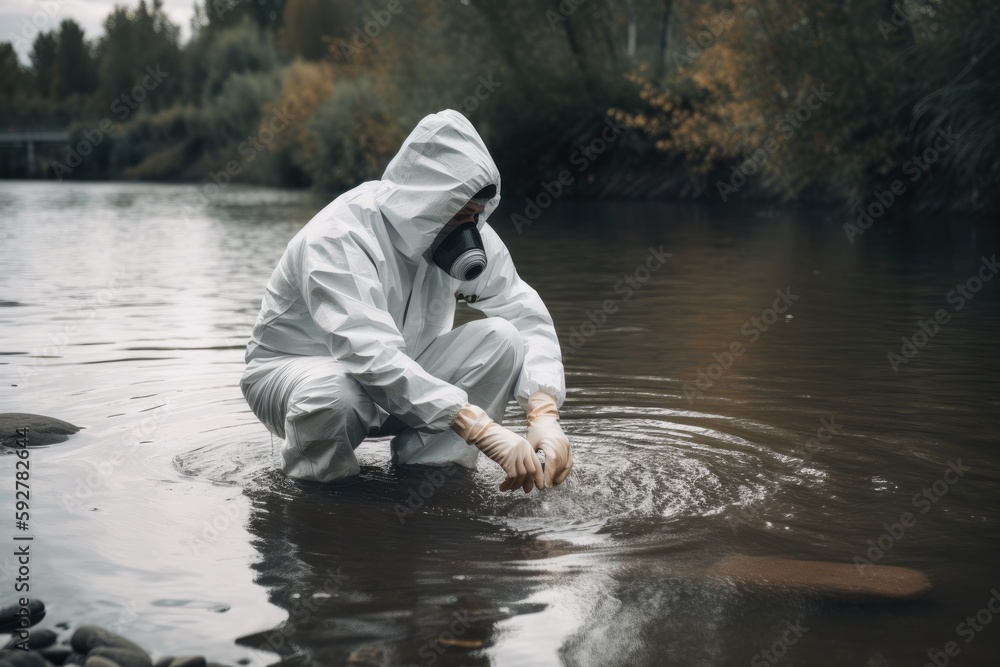 Dedicated scientist collects water samples from a river in a protective suit, to ensure the safety of our precious waterways Generative AI Dedicated scientist collects water samples from a river in a protective suit, to ensure the safety of our precious waterways Generative AI