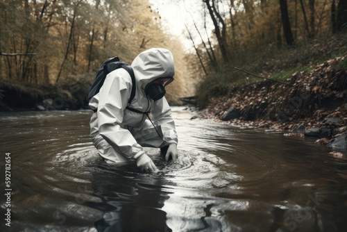 Dedicated scientist collects water samples from a river in a protective suit, to ensure the safety of our precious waterways Generative AI