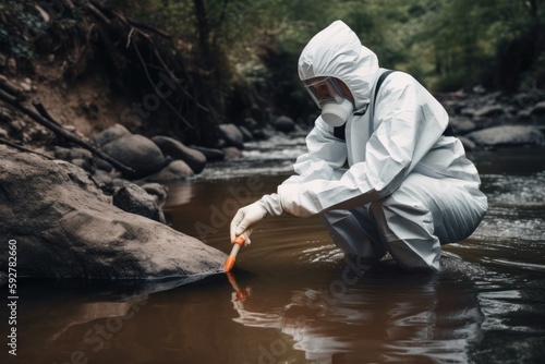 Dedicated scientist collects water samples from a river in a protective suit, to ensure the safety of our precious waterways Generative AI