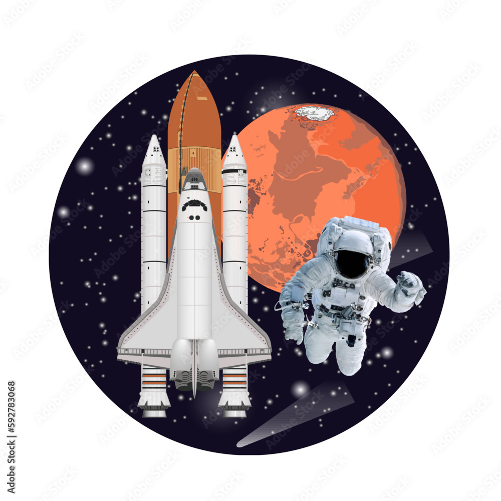 Naklejka premium Space astronaut near shuttle with rocket boosters close to the Mars planet of solar system. Round vector illustration. Elements of this image were furnished by NASA.