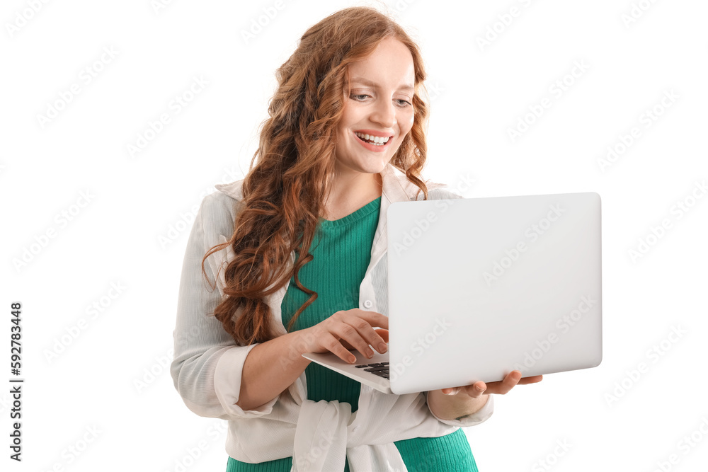 Beautiful redhead woman using laptop on white background Beautiful redhead woman using laptop on white background