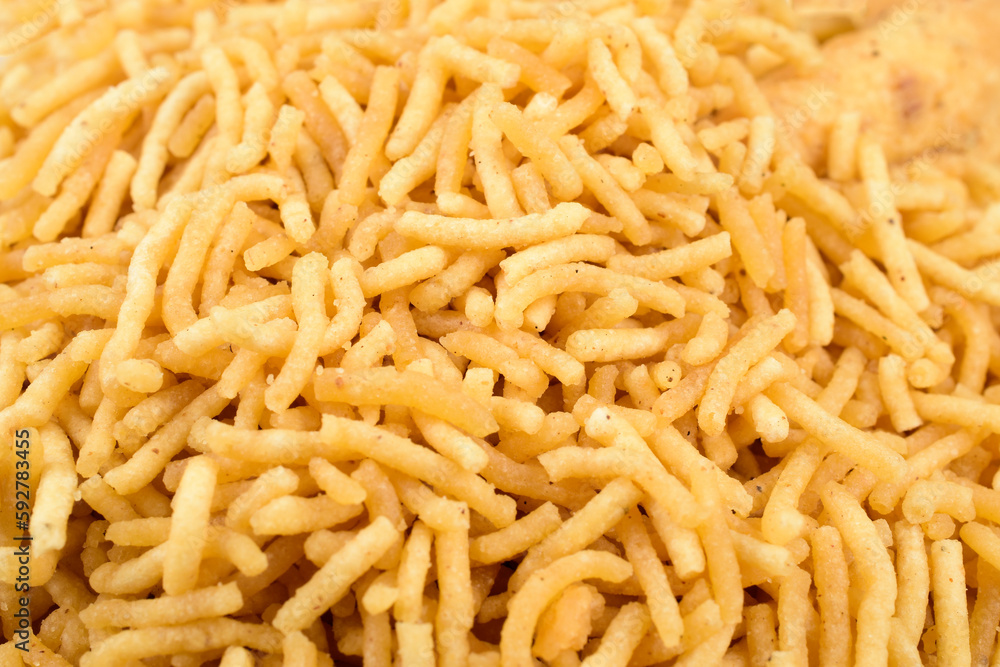 Close up of bhujia namkeen, indian snack Close up of bhujia namkeen, indian snack