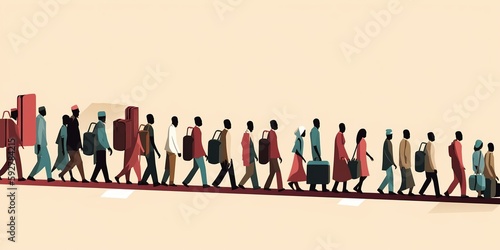 long line of people carrying their belongings on their backs crosses border in search of better opportunities and safer life, concept of Migration and Struggle, created with Generative AI technology