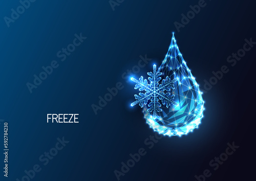  Novel water freezing technologies Concept, cryonics, air conditioning with water drop and snowflake