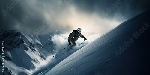 dynamic image of person skiing down snowy mountain with dramatic lighting and energetic motion creating thrilling and exhilarating scene, created with Generative AI technology