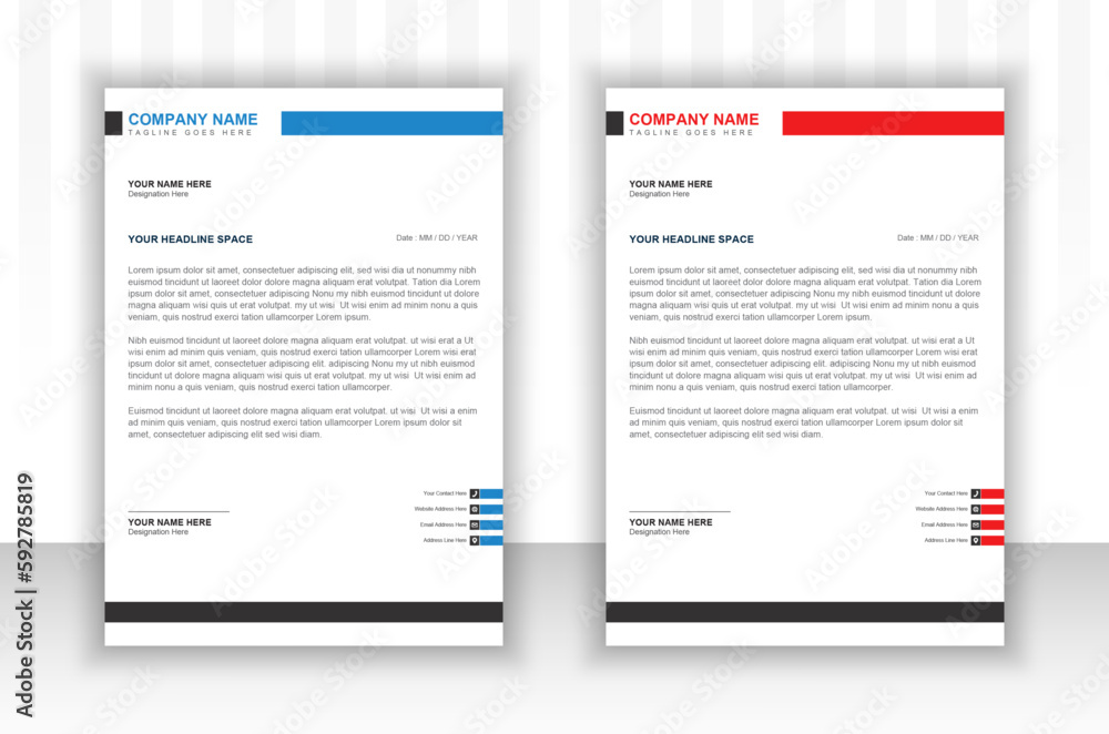 Professional corporate business letterhead design in attractive variations of black and blue and red colors.
