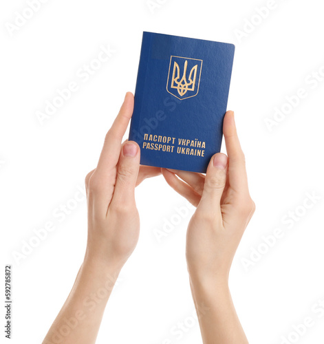 Woman with Ukrainian passport on white background