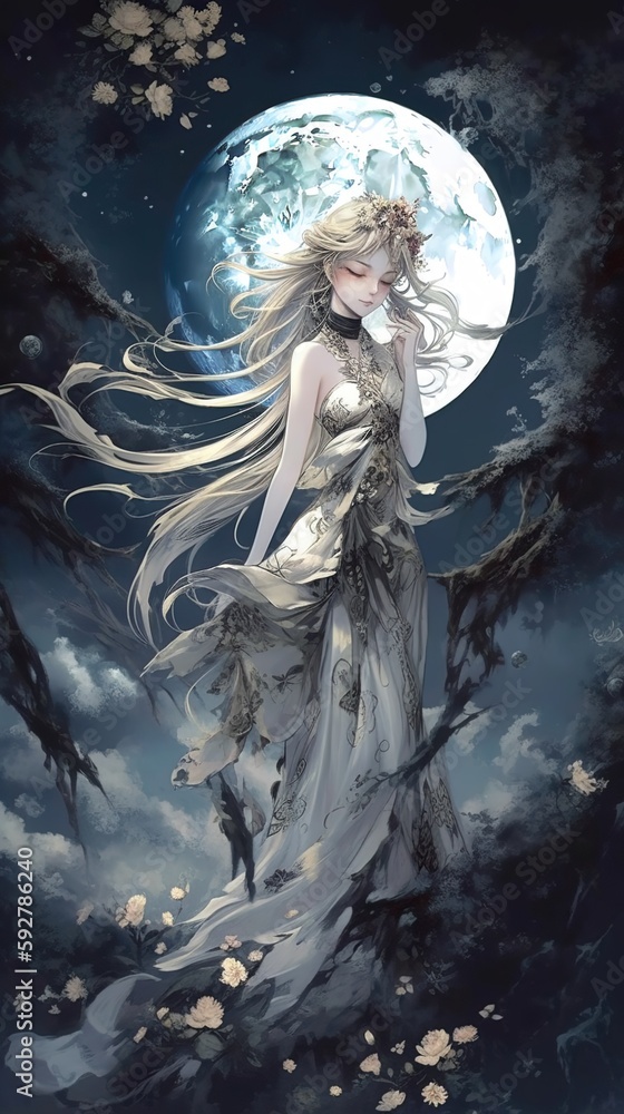 Japanese cartoon anime girl in a kimono dress in a flower field on a full moon made with generative AI Japanese cartoon anime girl in a kimono dress in a flower field on a full moon made with generative AI