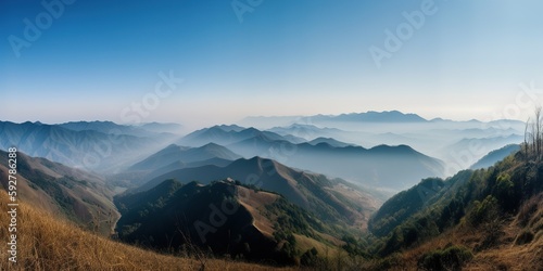 panoramic view from peak of mountain reveals breathtaking vista of rolling hills and valleys  concept of Landscape photography  created with Generative AI technology