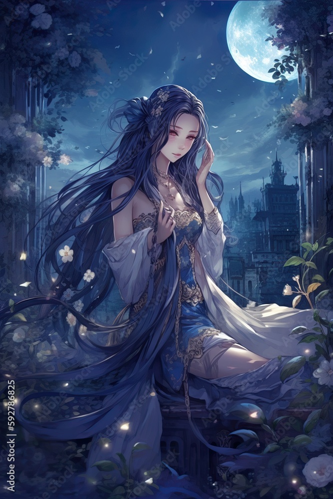 Japanese cartoon anime girl in a kimono dress in a flower field on a full moon made with generative AI Japanese cartoon anime girl in a kimono dress in a flower field on a full moon made with generative AI