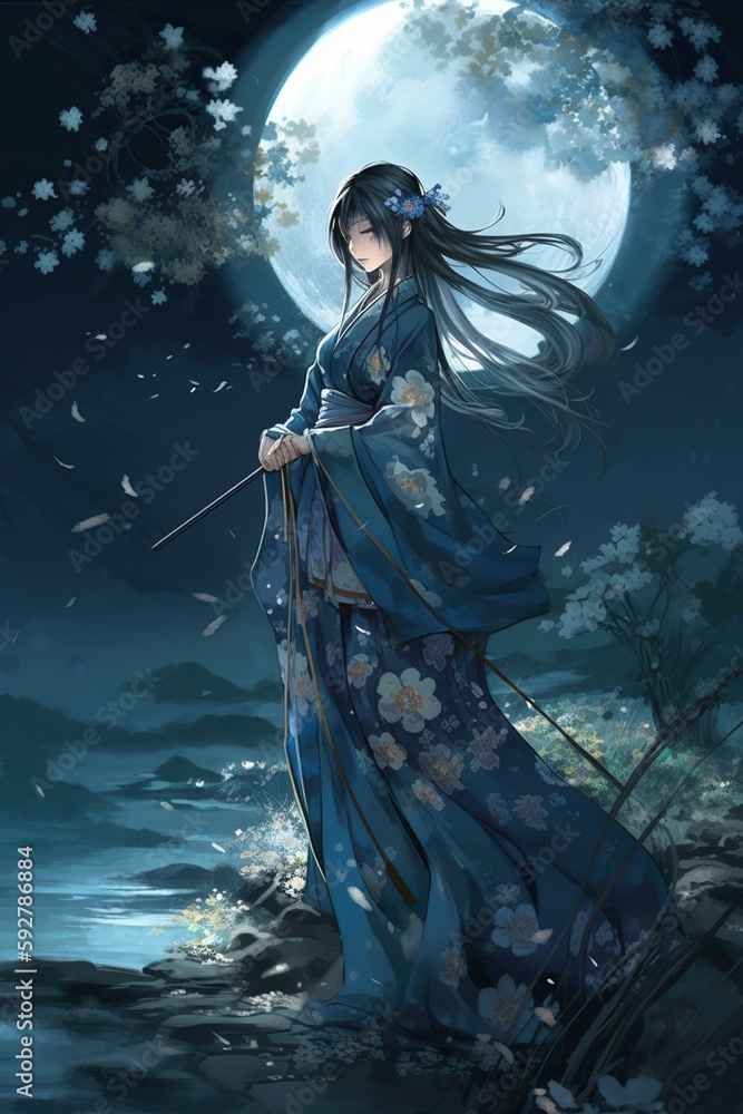 Japanese cartoon anime girl in a kimono dress in a flower field on a full moon made with generative AI Japanese cartoon anime girl in a kimono dress in a flower field on a full moon made with generative AI