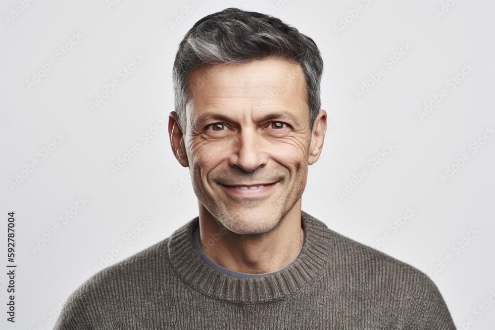 Fototapeta premium Group portrait photography of a pleased man in his 40s wearing a cozy sweater against a white background. Generative AI