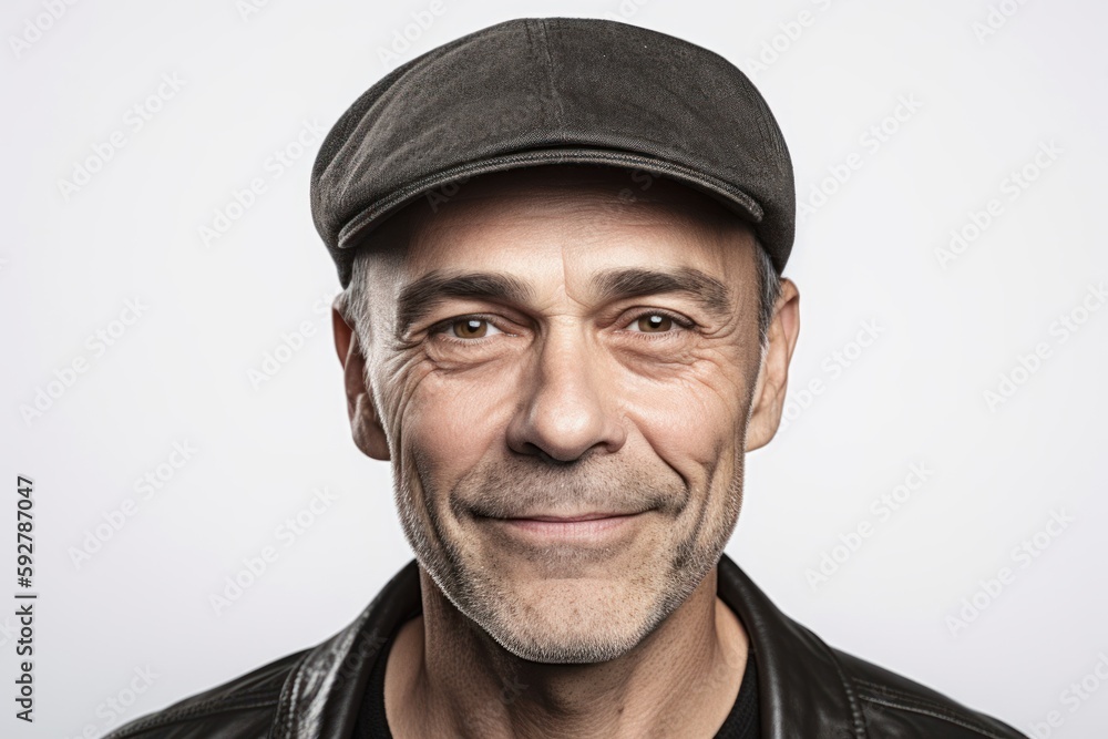 Portrait of a smiling mature man in a cap and leather jacket Portrait of a smiling mature man in a cap and leather jacket