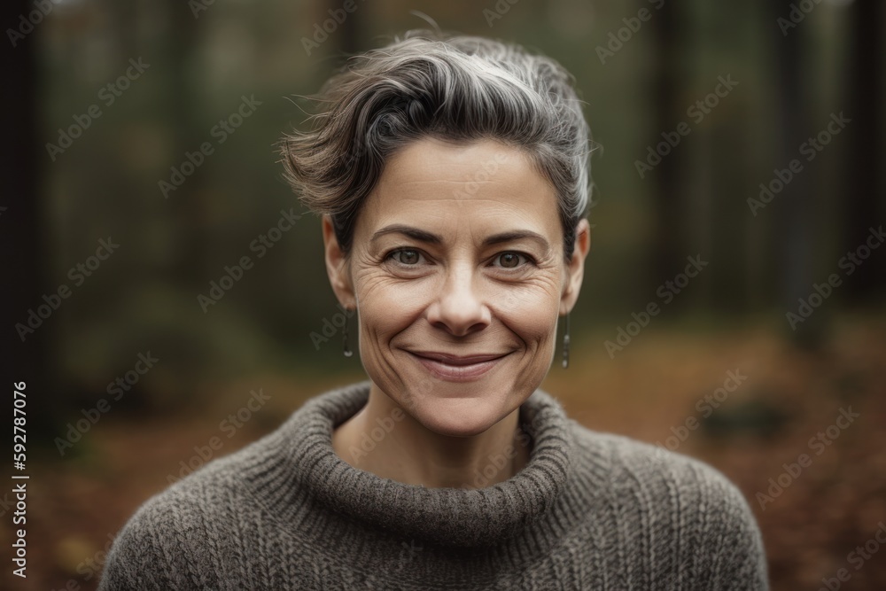 Portrait of a beautiful middle-aged woman with gray hair in the autumn forest Portrait of a beautiful middle-aged woman with gray hair in the autumn forest