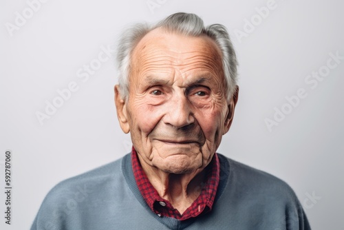 Medium shot portrait photography of a pleased man in his 80s wearing a casual t-shirt against a white background. Generative AI © Robert MEYNER