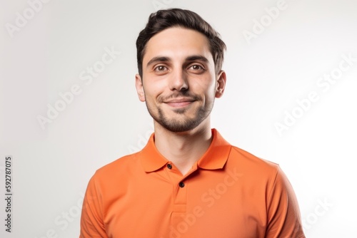 Portrait of a handsome young man in orange t-shirt on white background © Robert MEYNER