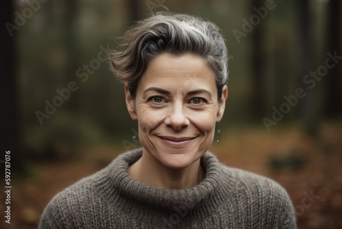Portrait of a beautiful middle-aged woman with gray hair in the autumn forest