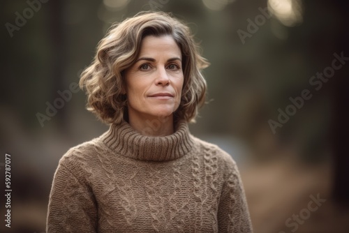 Portrait of a middle-aged woman in a knitted sweater in the autumn forest
