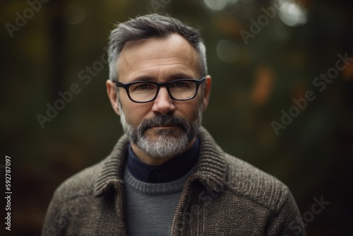 Portrait of a handsome middle-aged man with gray beard and glasses.