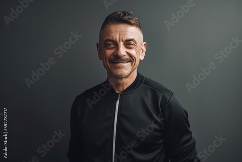 smiling middle aged man in black sportswear looking at camera isolated on grey