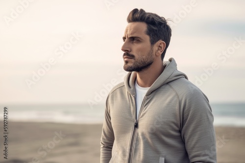 Handsome young man in sportswear looking away while standing on beach