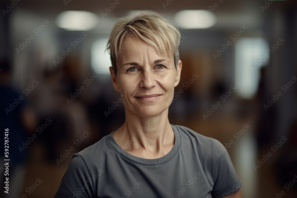 Portrait of a middle-aged woman with short hair in a gray T-shirt Portrait of a middle-aged woman with short hair in a gray T-shirt
