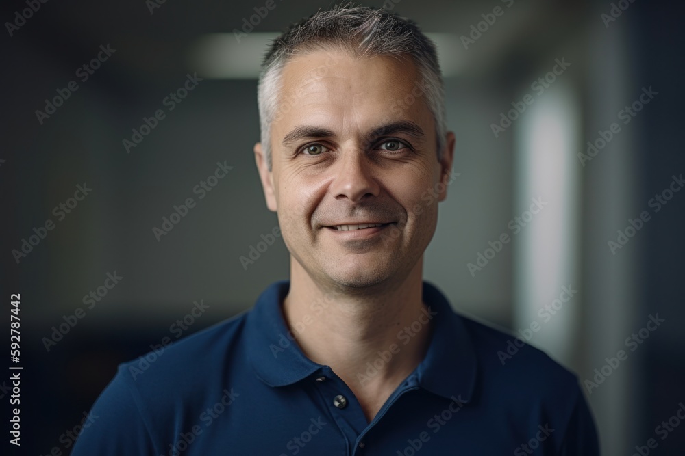 Portrait of handsome middle-aged man in blue shirt looking at camera