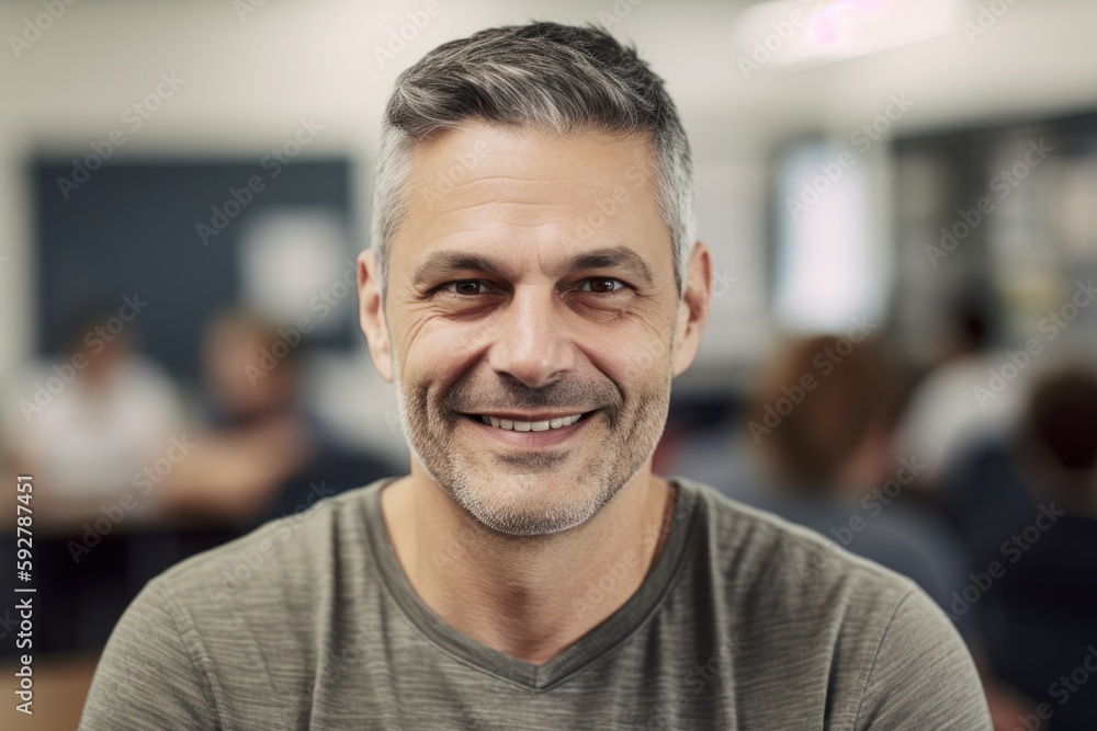 Obraz premium Portrait of handsome mature man with grey hair in casual clothes smiling at camera in office
